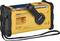 Yellow portable radio with hand crank and solar panel, rear view. Contains brand name, frequency ranges, and CE mark.