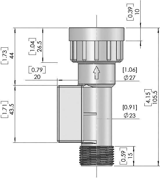 Technical drawing of a valve with dimensions. Shows height and width measurements in inches with details of structure and connections.