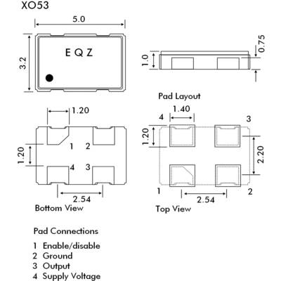 The 'XO53' diagram shows the dimensions and pin layout of an electronic component. It indicates the positions of the following connections: 'Enable/disable', 'Ground', 'Output', 'Supply Voltage'.