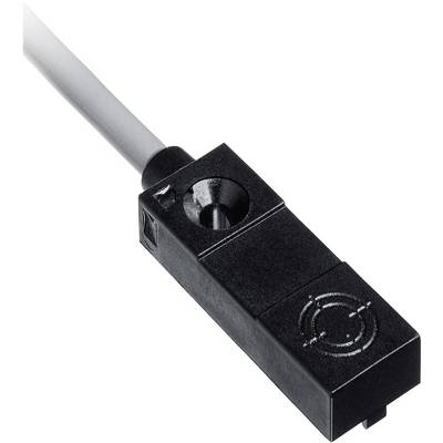 A black proximity sensor with a white connection cable, suitable for industrial applications and precise positioning.