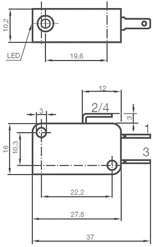 Technical drawing of a rectangular component with LEDs and dimensions in millimetres. Shows side and front views with various lengths and distances.