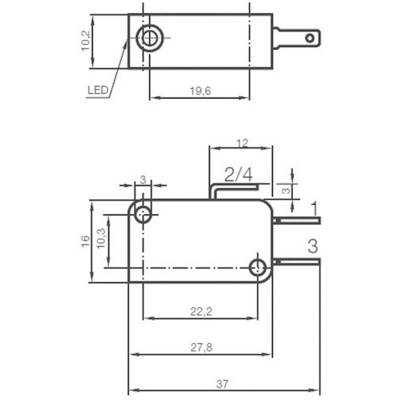 Technical drawing of a rectangular component with LEDs and dimensions in millimetres. Shows side and front views with various lengths and distances.