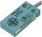 'Pepperl+Fuchs NBB5-18GM50-A2' proximity sensor in turquoise, square, with connection cable. Used in industrial automation systems.
