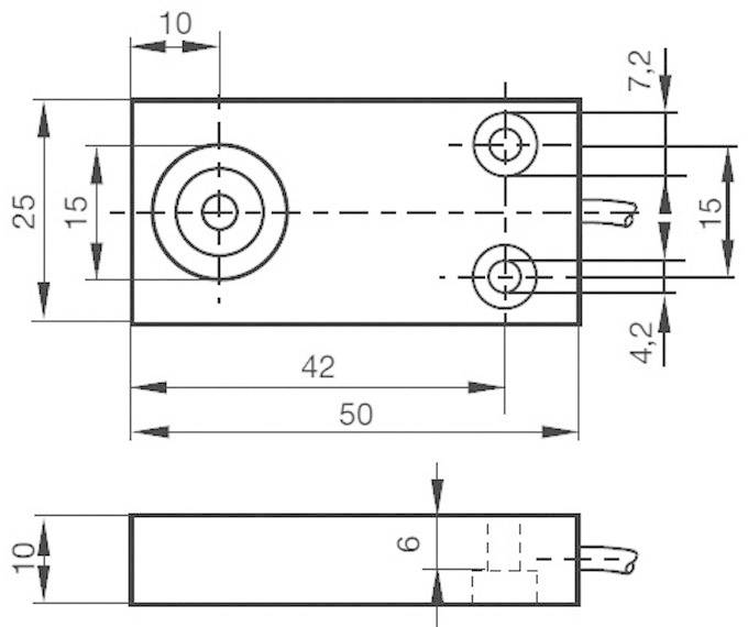 Technical drawing of a component with dimensions: width 25 mm, length 50 mm, height 10 mm. Holes and distances are indicated.