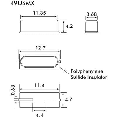 Technical drawing of a component with dimensions for height, width, and depth. Primary material: Polyphenylene Sulfide Insulator.