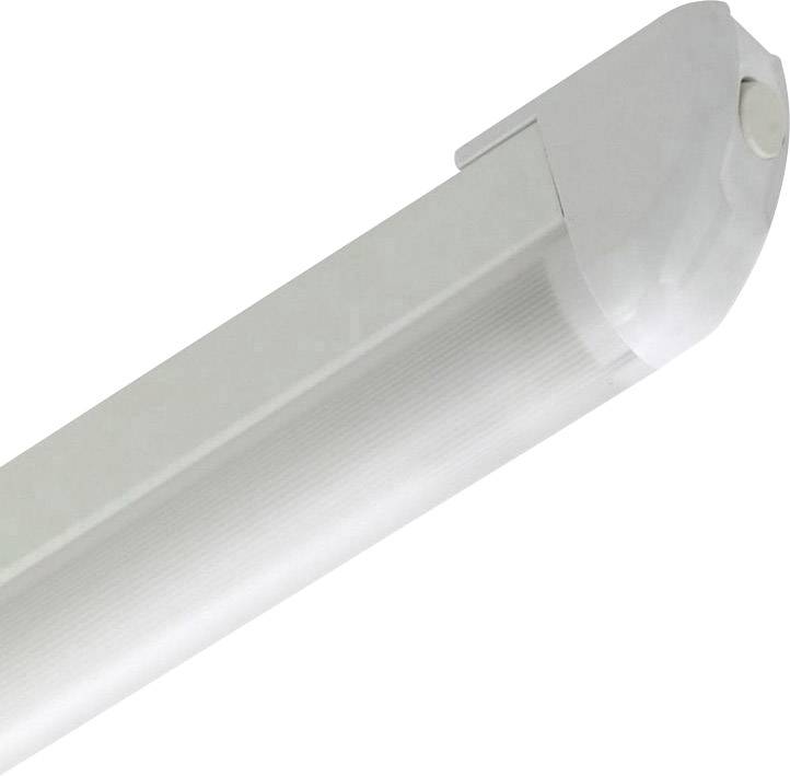 A white LED fluorescent tube with a silver housing, angled against a white background.