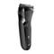 Electric razor with a black casing, ergonomic design and green LED indicator light on the front.