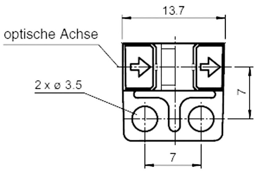 Schema of a mechanical part with dimensions: Width 13.7 mm, Height 7 mm. Marked with 'optical axis' and two holes, diameter 3.5 mm.