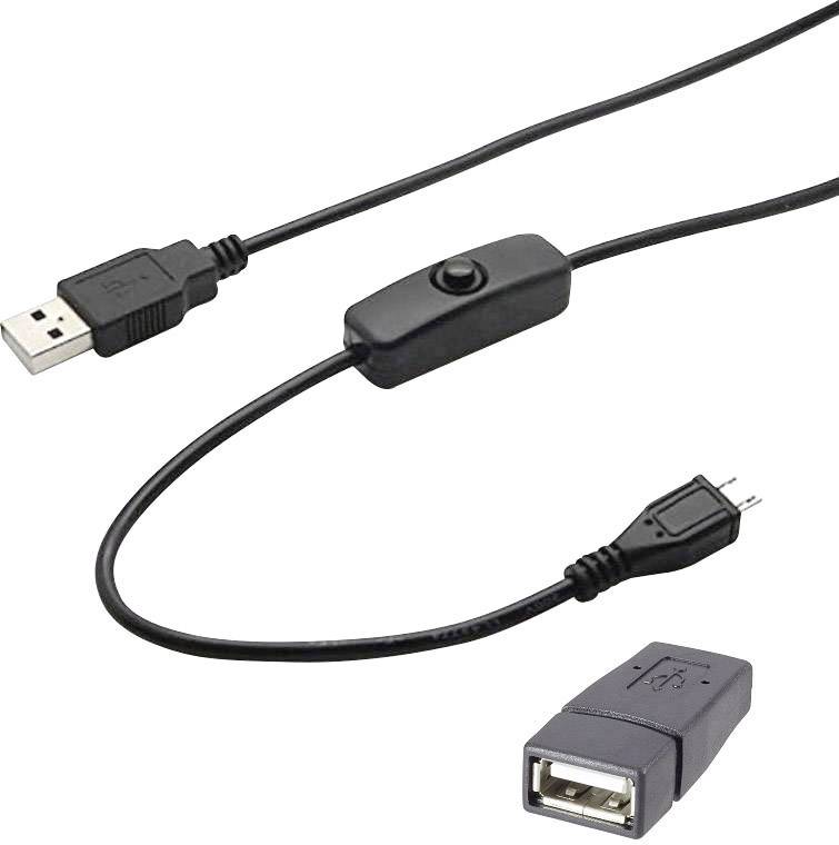 USB extension cable with switch and adapter. One end has a USB-A plug, the other a USB-B plug. Adapter has a USB-A socket.