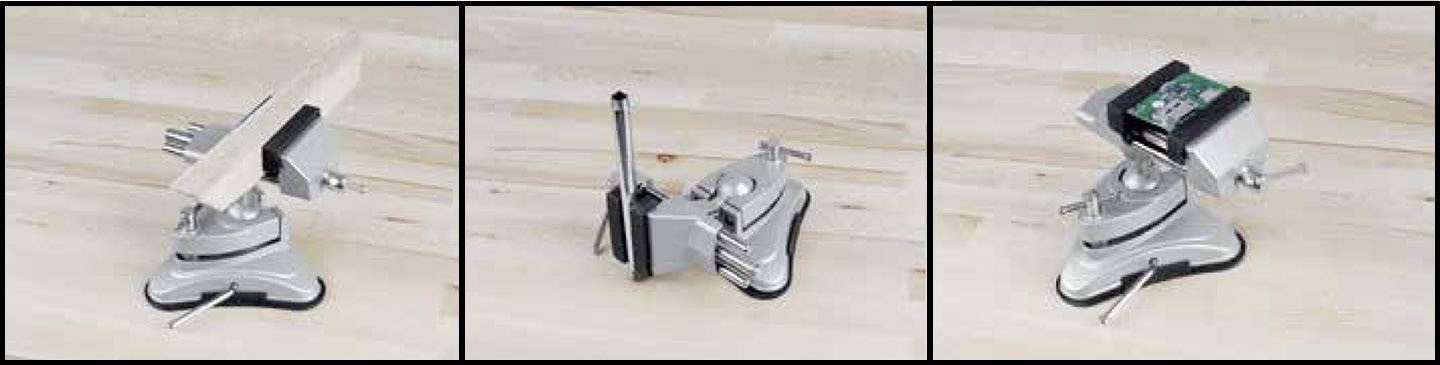 Three small vices on a light wooden surface. Each vice is arranged in a different position.