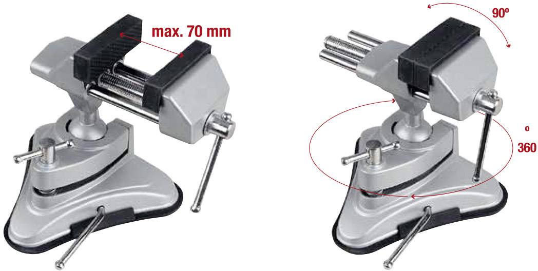 'Vice with rotatable base, maximum clamping range of 70 mm. Can be rotated 90 degrees upwards and 360 degrees sideways.'