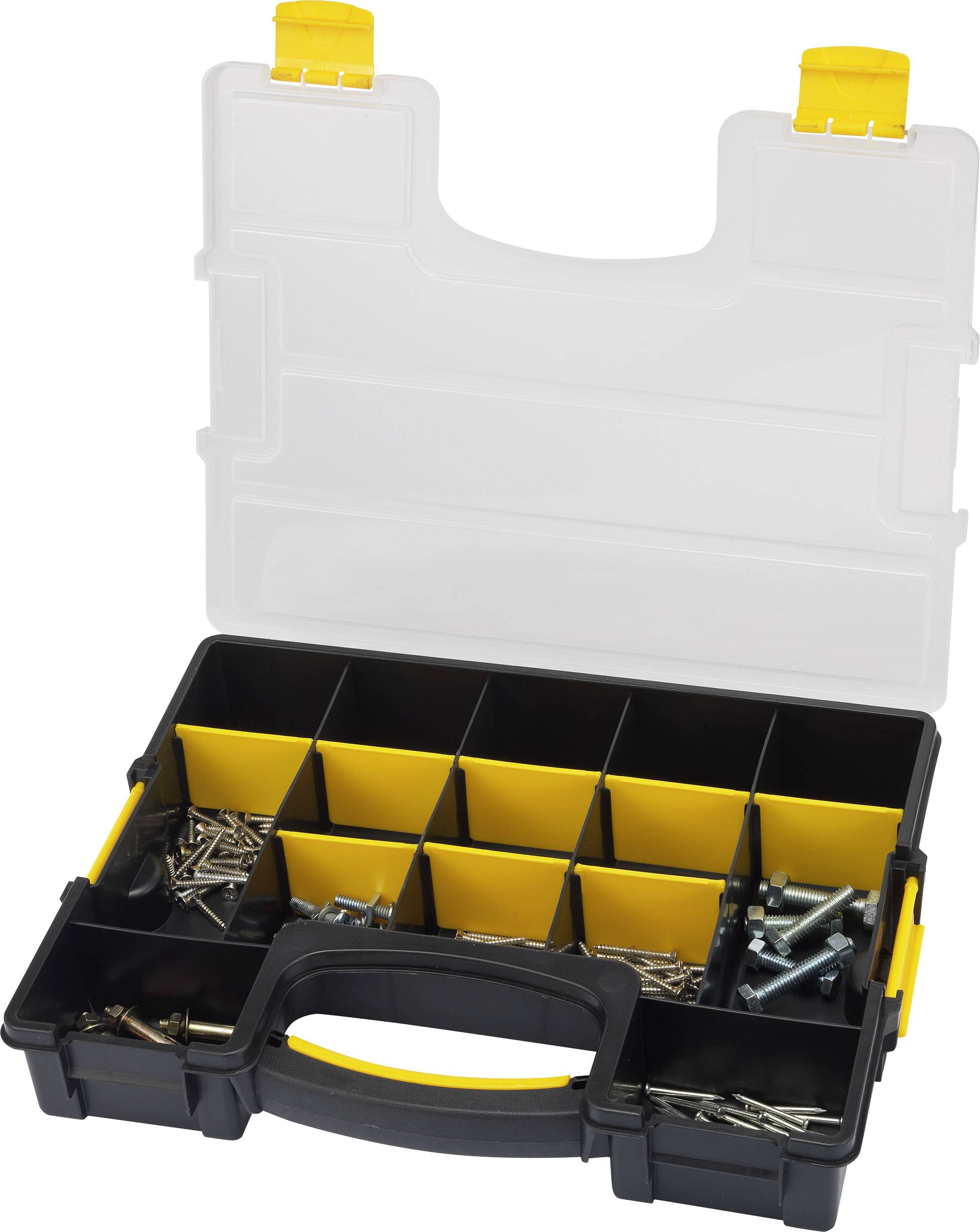 An opened plastic toolbox with a black handle and compartments, filled with screws and nails of various sizes.