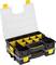 A multi-tiered tool organiser with two levels, yellow dividers, and a transparent lid. Perfect for sorting small items.