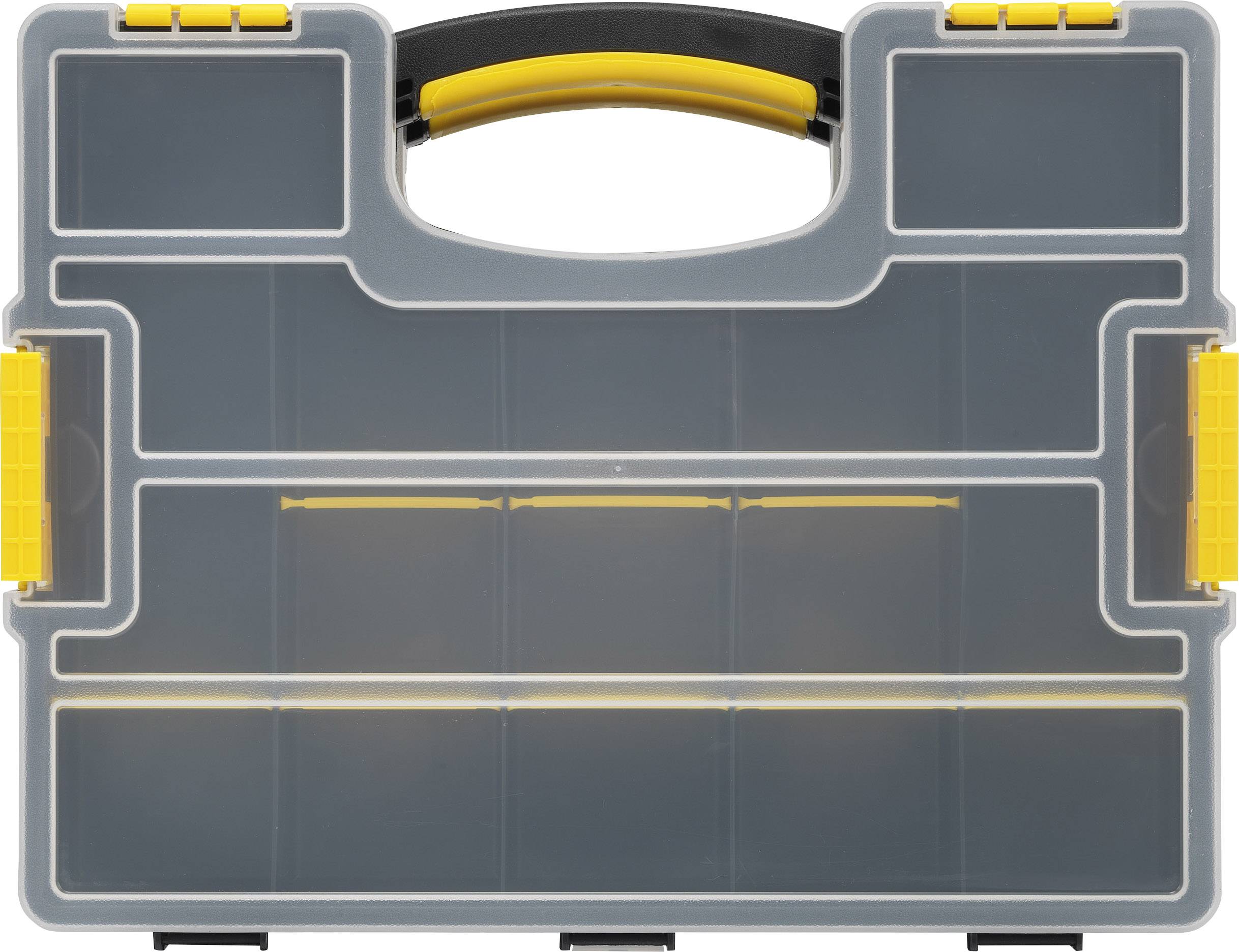 Grey toolbox with a transparent lid and yellow fasteners. Contains multiple compartments for storing small parts.