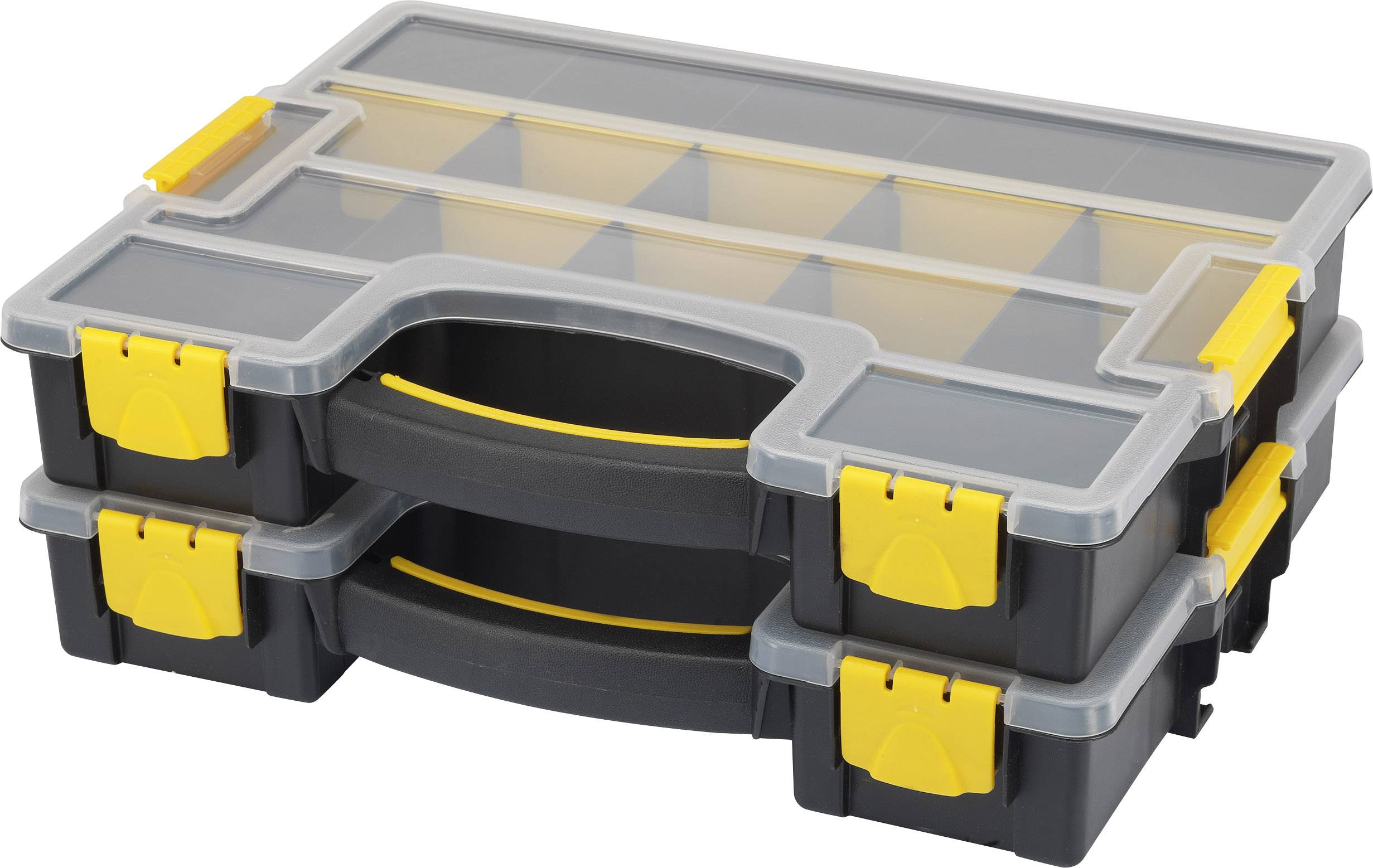 A black toolbox with two handles and yellow locks. Transparent lid allows visibility of contents.