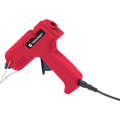 Red hot glue gun with mains cable, side view, on white background.