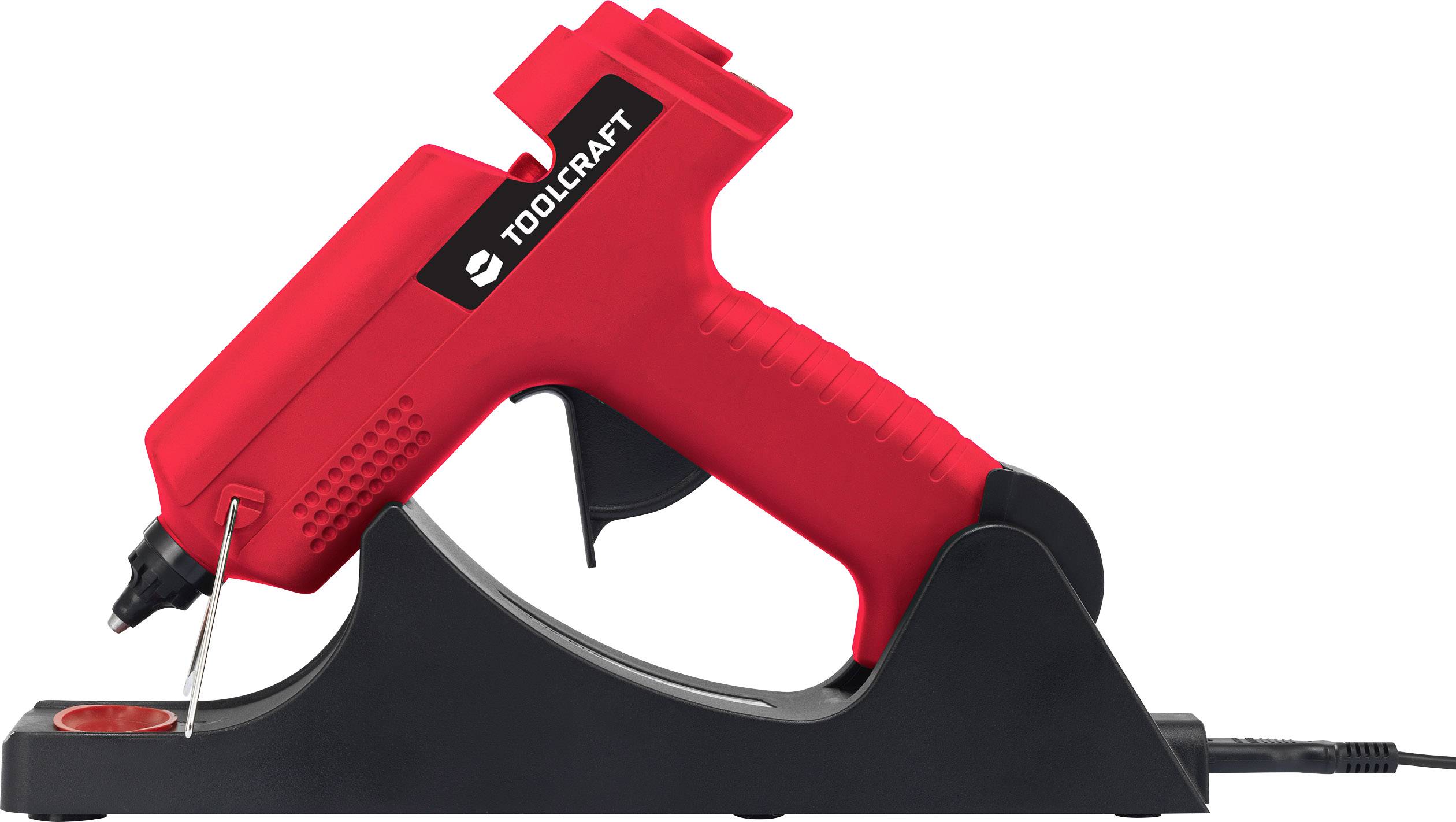 Red hot glue gun by Toolcraft, mounted on a black base.
