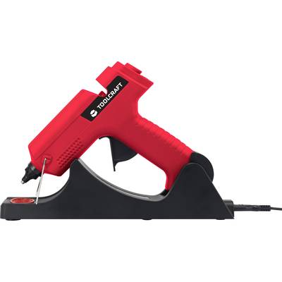 Red hot glue gun by Toolcraft, mounted on a black base.
