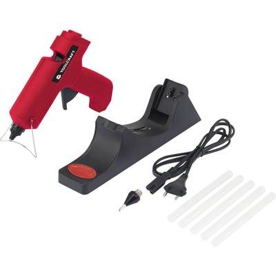 Hot glue gun with red handle, black charging station, power cable and six glue sticks.