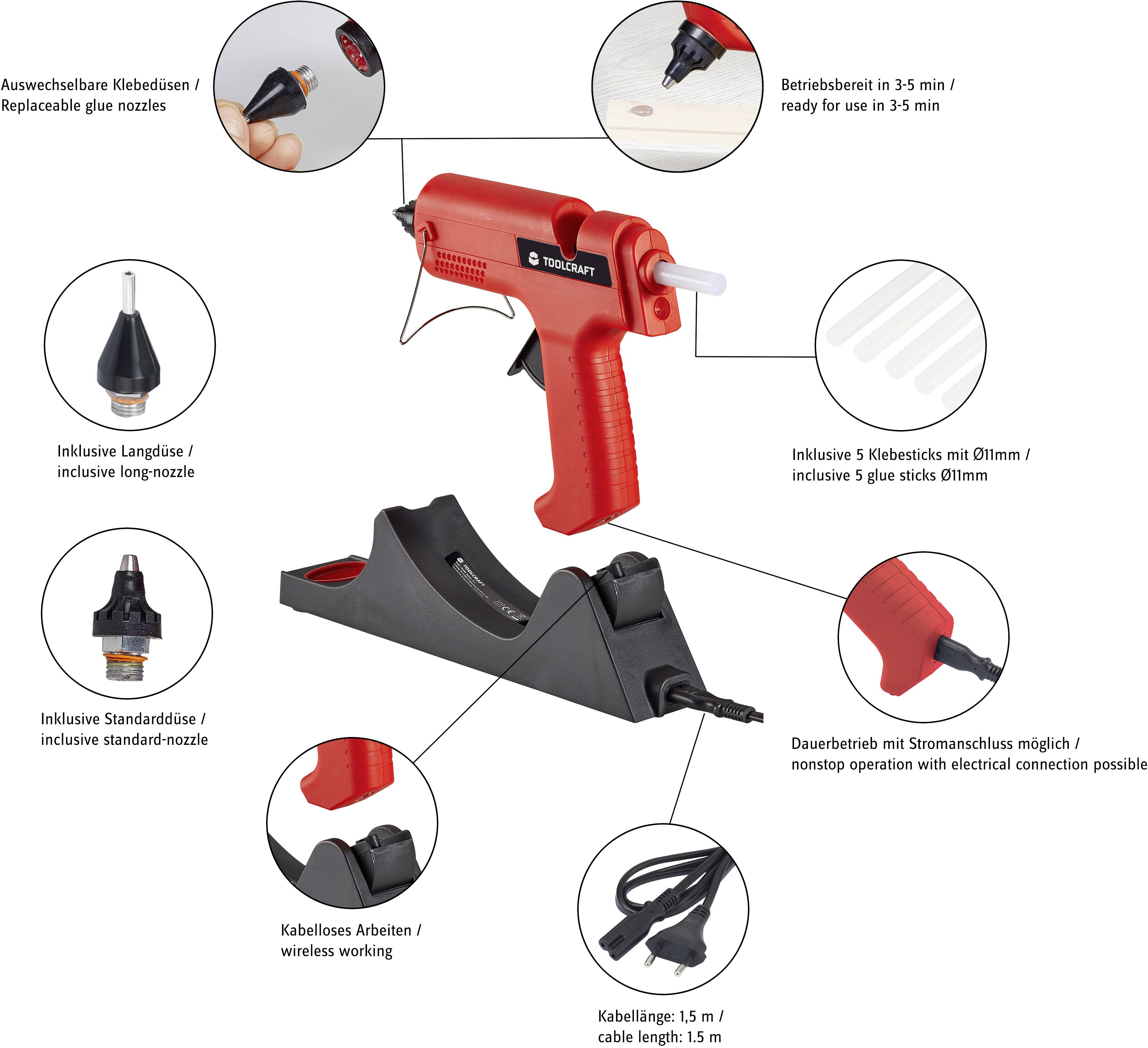 Parkside brand tool set: red hot glue gun with accessories, such as nozzles and cable, placed on black charging station.
