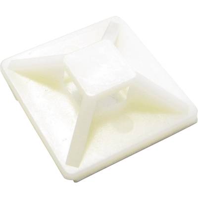 A white, square plastic cable clip with rounded corners and a raised central section for securing cables.