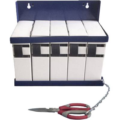 A set of six white storage boxes with black handles in a blue holder. Underneath lies a red scissors with a chain.
