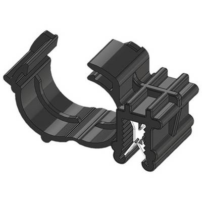 Black pipe clamp, open, with a circular inner space and grooved external design, to securely hold pipes.