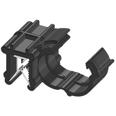 '3D rendering of a black plastic clip with an open locking mechanism. The clip has a square base shape.'