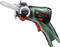 A green Bosch EasyCut 12 saw is lying on its side. It has a compact design with a black handle and red safety switch.