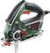 A green Bosch jigsaw with an ergonomic handle and black cable, ideal for precise woodworking.