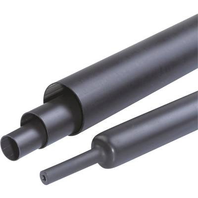 Black heat-shrink tubes of various sizes, lying side by side, demonstrate the difference in diameter before and after shrinking.