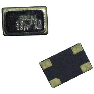 Two small rectangular electronic components with metal caps and golden contacts on a black housing, presumably surface-mount crystals.