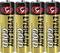 Four AA Alkaline batteries from the Eveready Gold brand lined up in a row. The batteries are coloured black and gold.