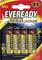 Four 'Eveready Gold Alkaline' batteries in a yellow package. Notes indicating long shelf life 'up to 10 years' and '3x longer'.