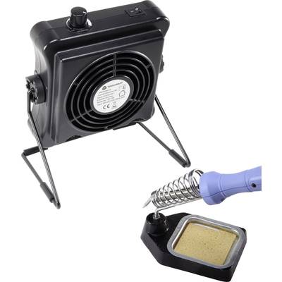 A soldering iron in a stand next to a small extractor fan. The fan is switched on to extract soldering fumes.