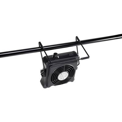 A small black fan is attached to a round metal rod. The fan has a rotary knob for adjustment.