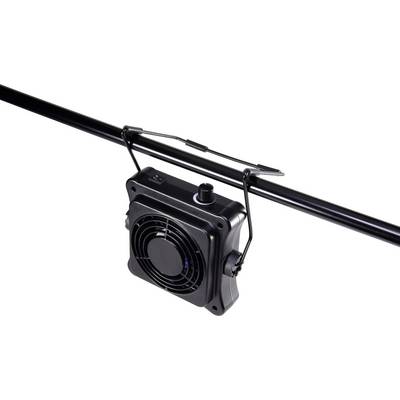 A black, square-shaped fan is attached to a pole.