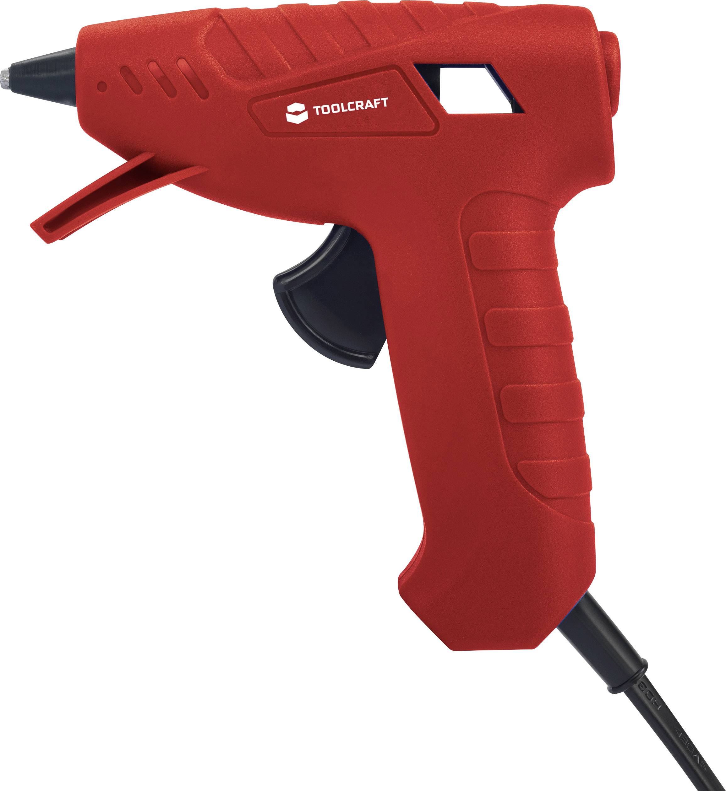 Red hot glue gun with ergonomic handle and cable connection, brand 'Toolcraft', against a white background.