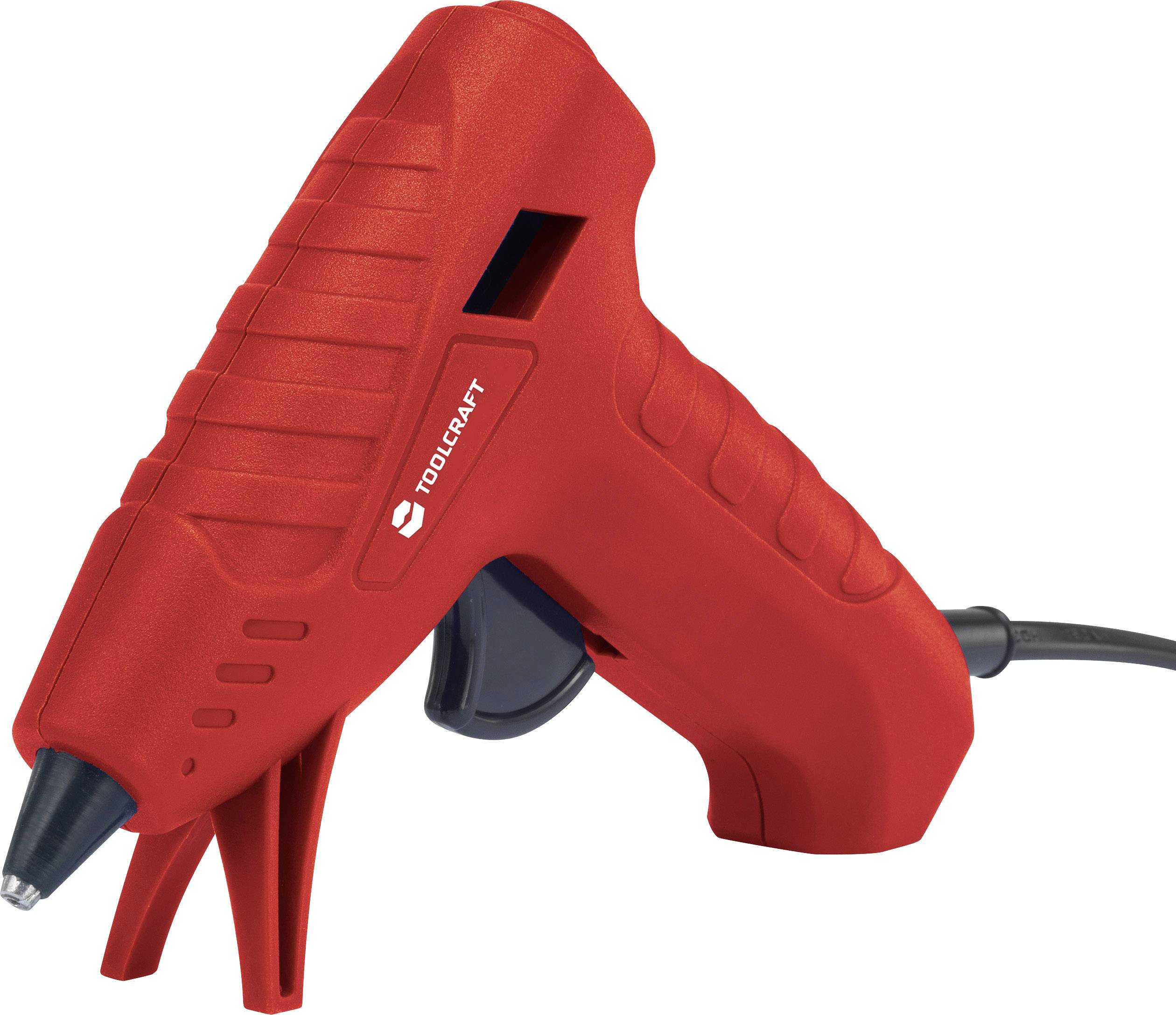 A red hot glue gun with a black trigger and power cable, side view, suitable for craft work.