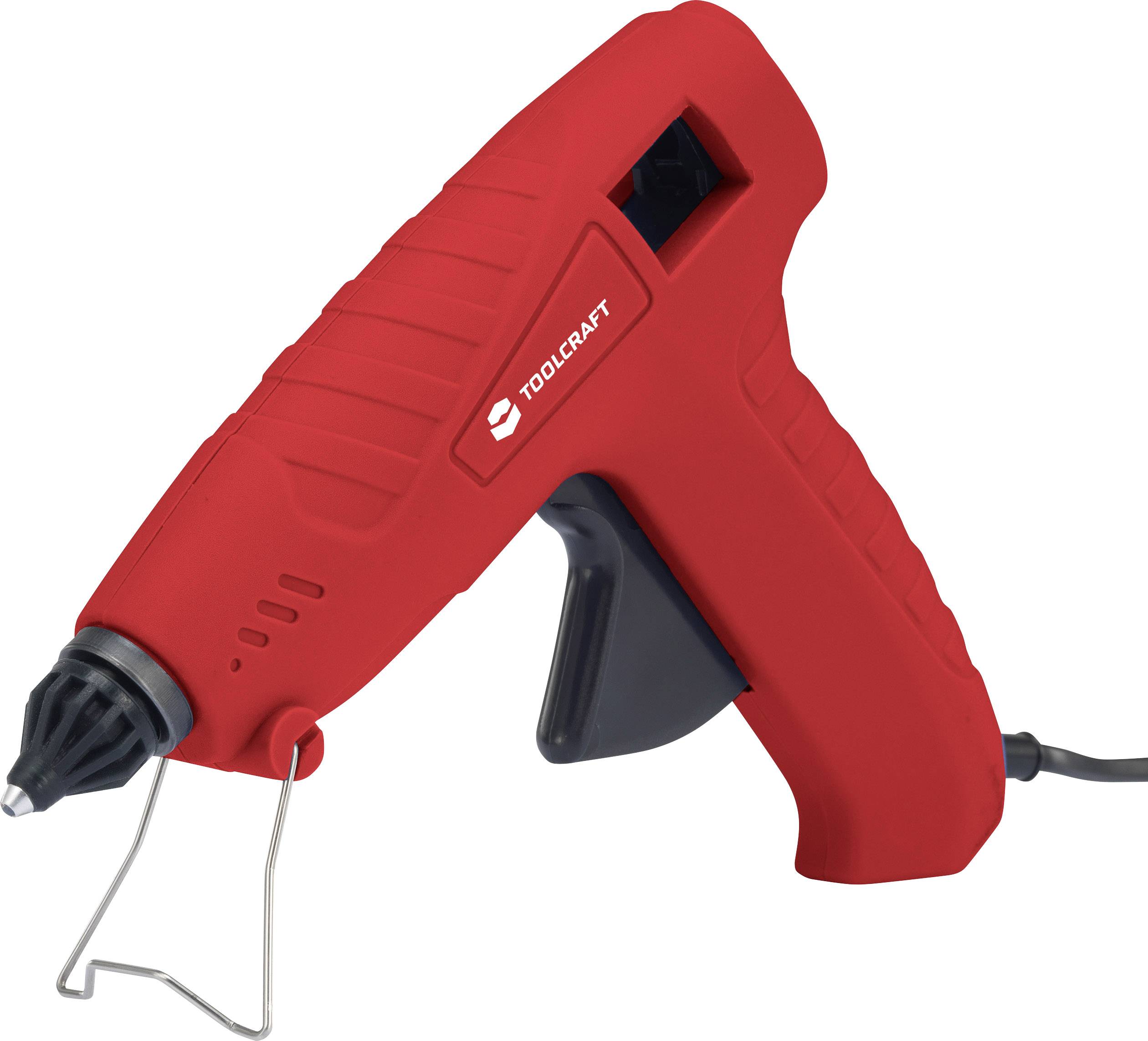A red hot glue gun with a metal stand and cable, side view, ready for use.