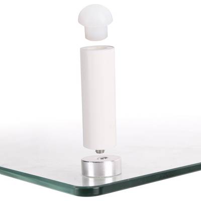 'Glass Support Bracket in White' shows a white bracket on a glass panel, consisting of a tubular body and a round cover.