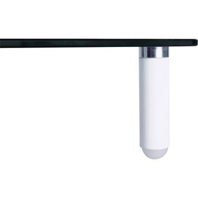 Leg of a table with a white, cylindrical shape and silver joint, supporting a glass top.