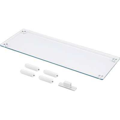 Glass shelf with four white wall brackets and an additional mounting bracket, suitable for wall attachment.