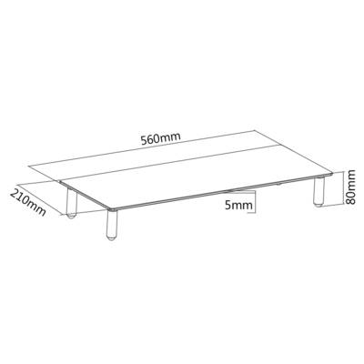 Diagram of a rectangular table with dimensions: Length 560 mm, Width 210 mm, Height 80 mm, Tabletop Thickness 5 mm.