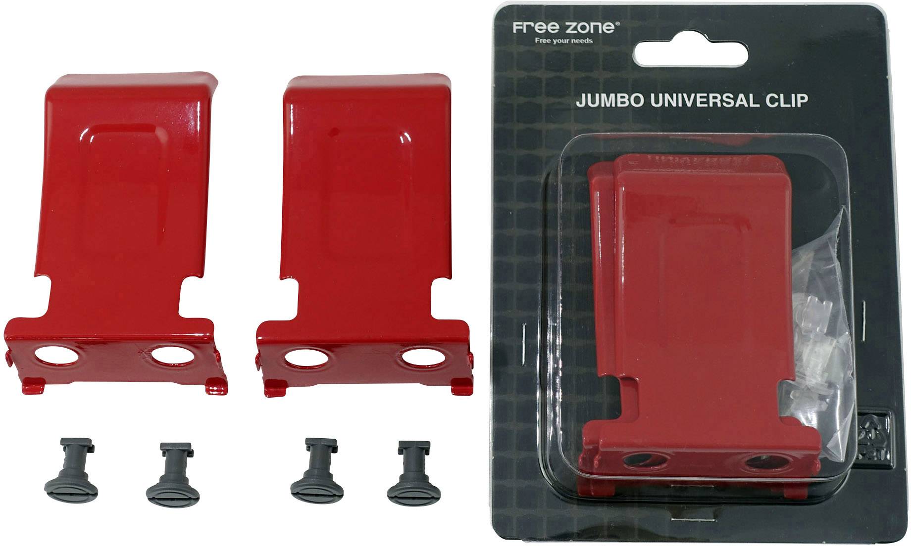 Two red universal clips with screws, next to a package containing another clip, suitable for general fastening purposes.