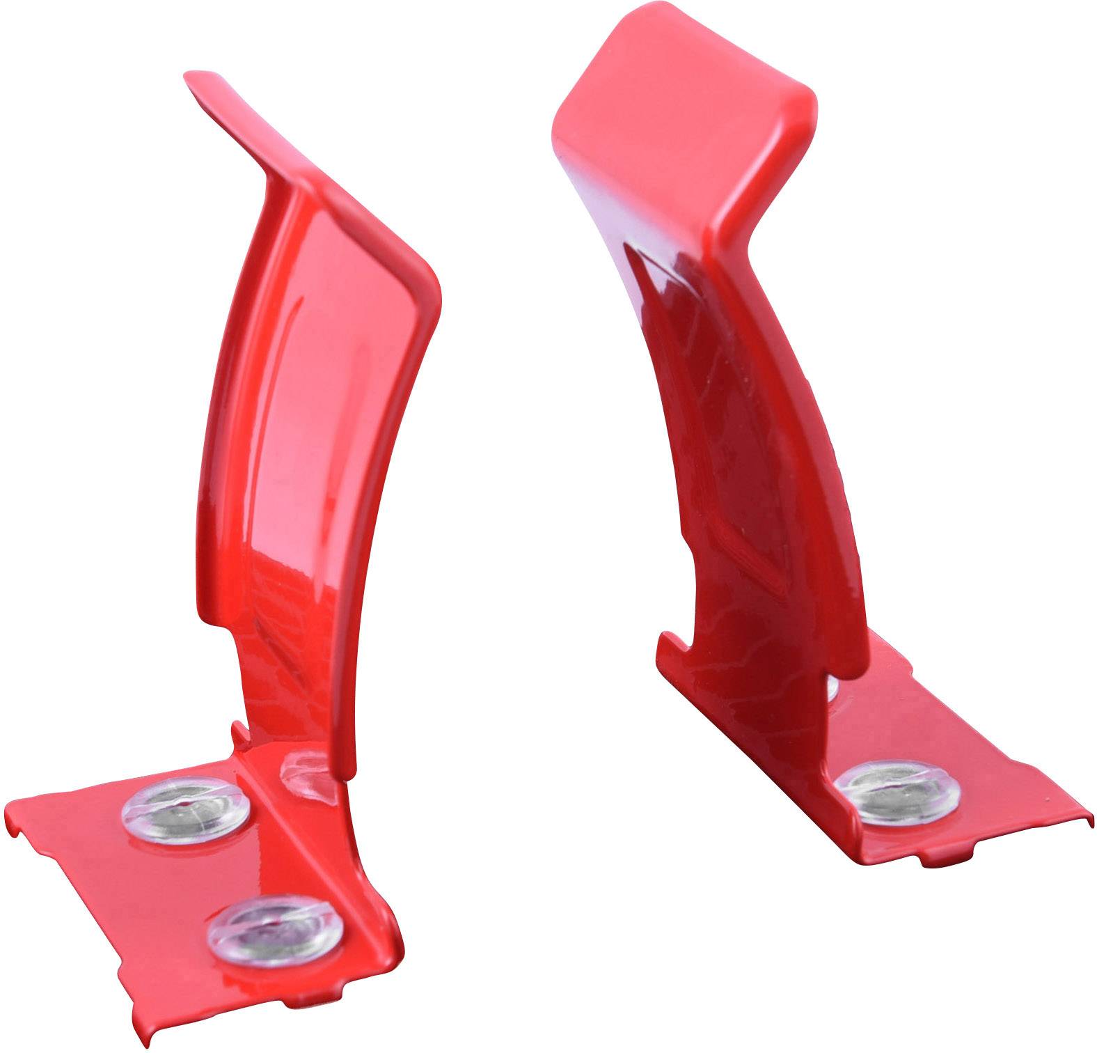 Two red plastic parts standing upright, with curved forms and two visible metal rivets at the base of each part.