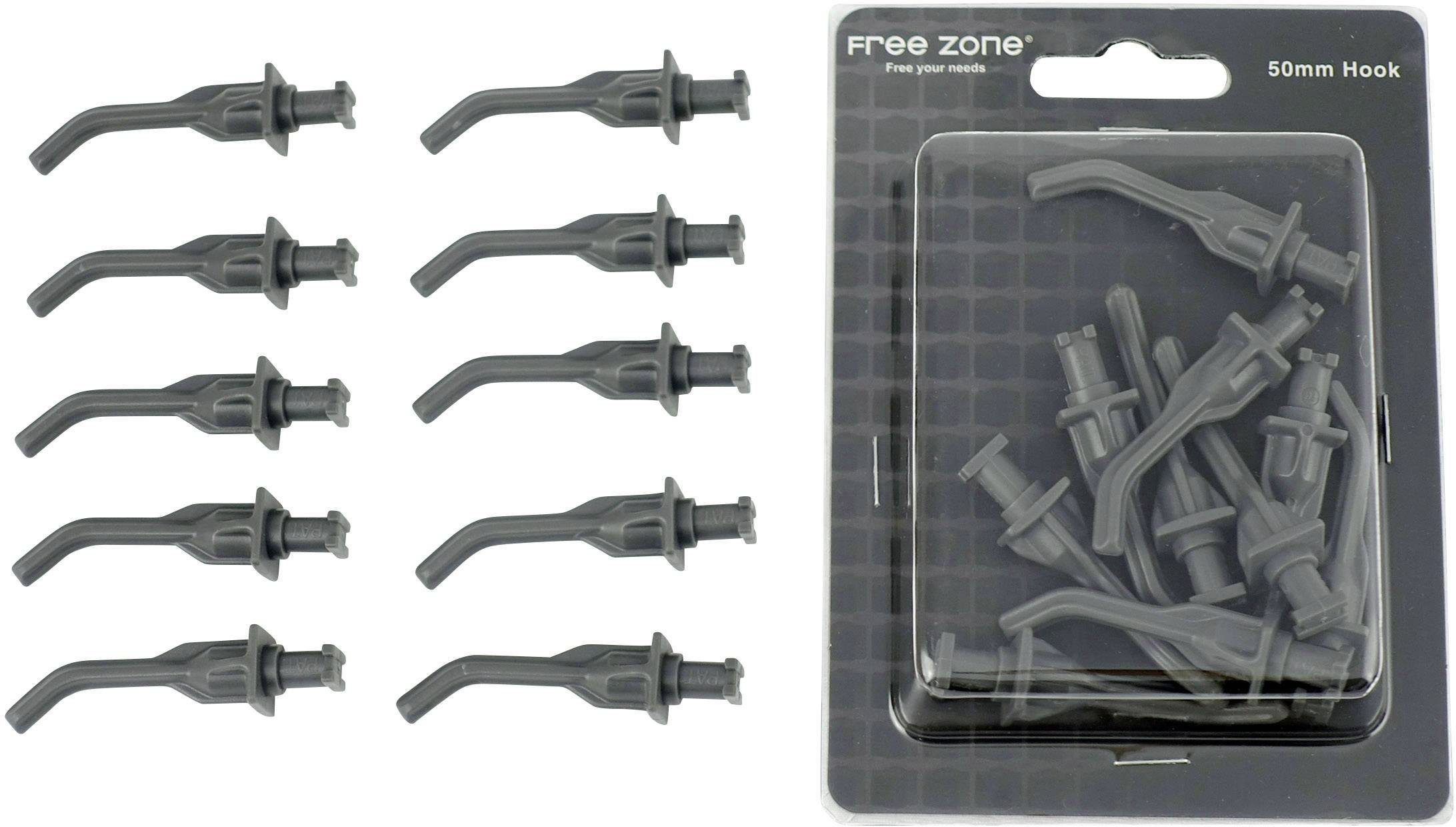 'Free Zone' 50-mm plastic hooks in a black blister pack, with ten loose hooks. Primarily for display or hanging systems.