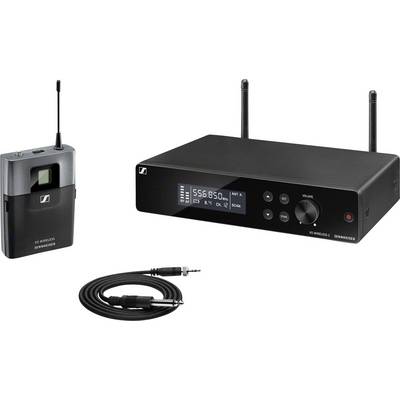 Wireless microphone system with receiver, transmitter and cable. Receiver has display and antennas. Suitable for cable-free audio transmission.