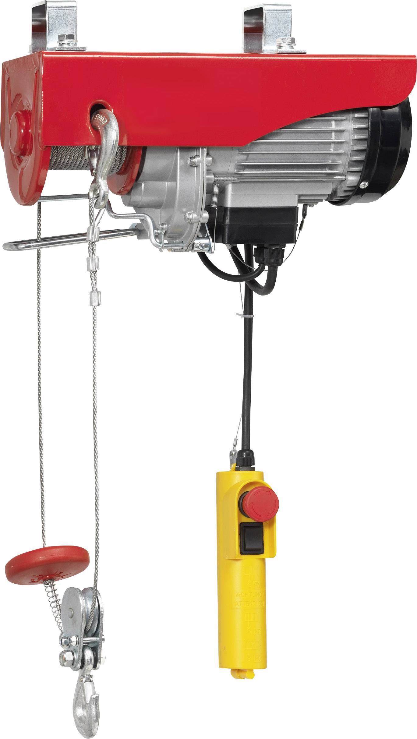 Electric winch with a red housing and yellow control switch, designed for lifting heavy loads in industrial environments.