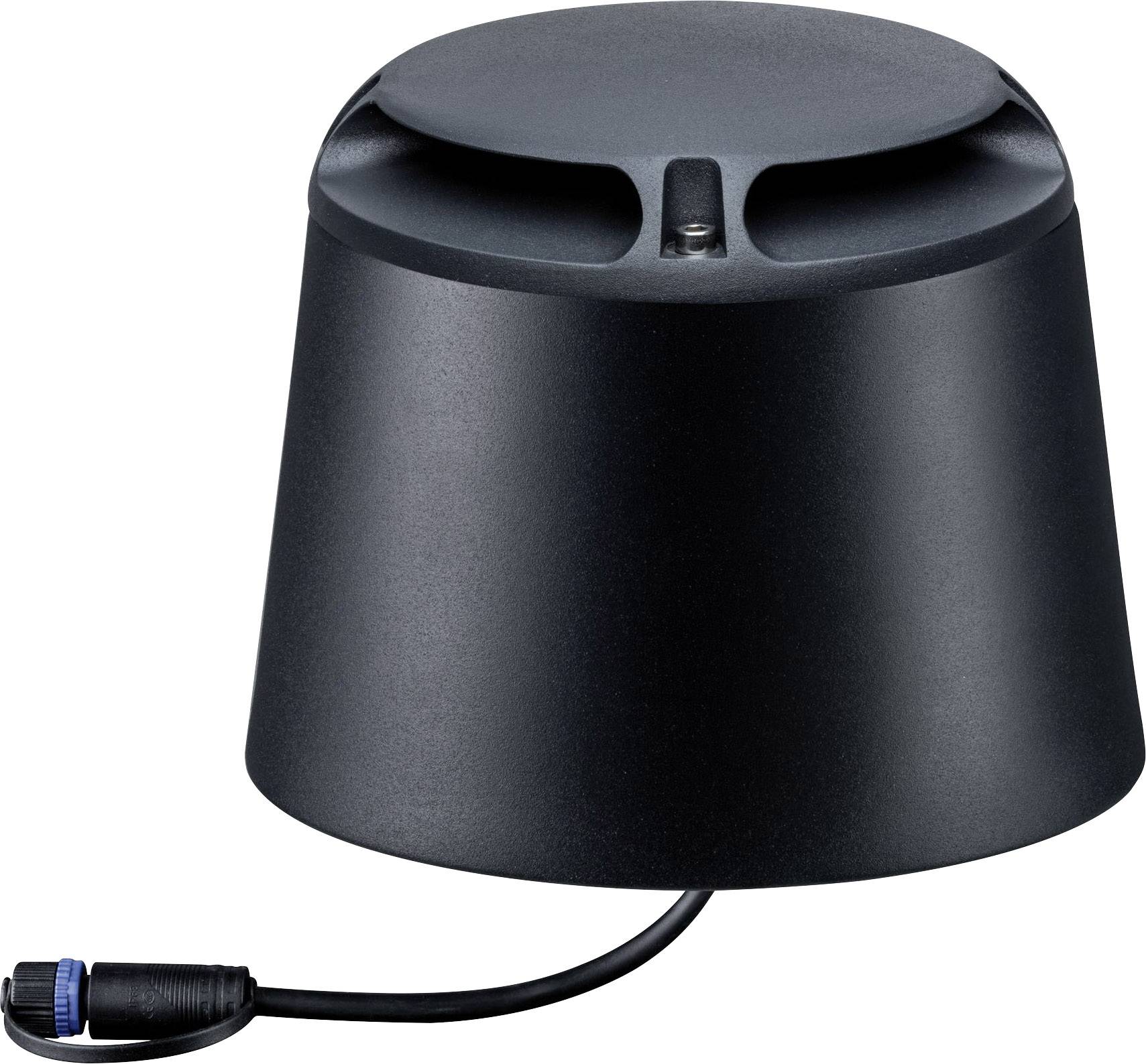 A black electronic component with cable connection, possibly a sensor or speaker, on a white background.